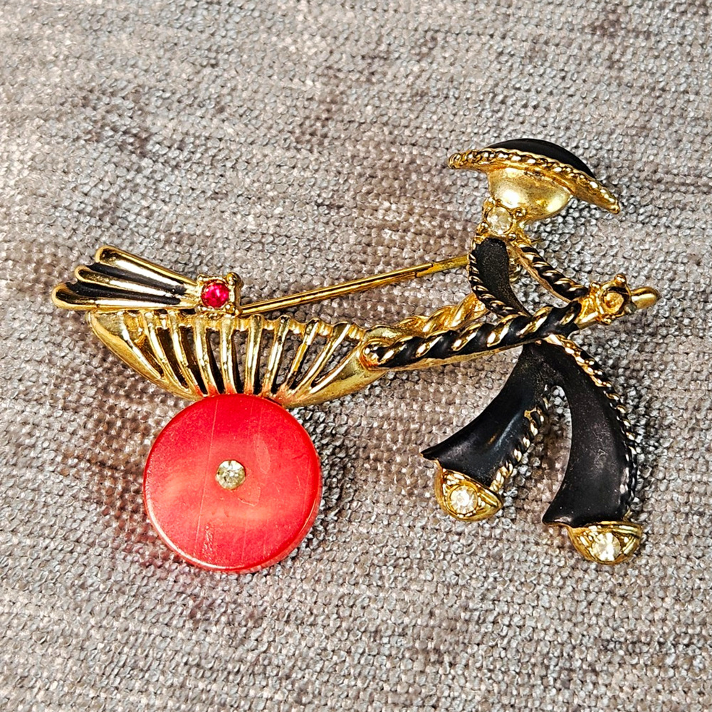 Gold Tone Metal Black & Red Enamel Asymmetrical Asian Figural Brooch Pin